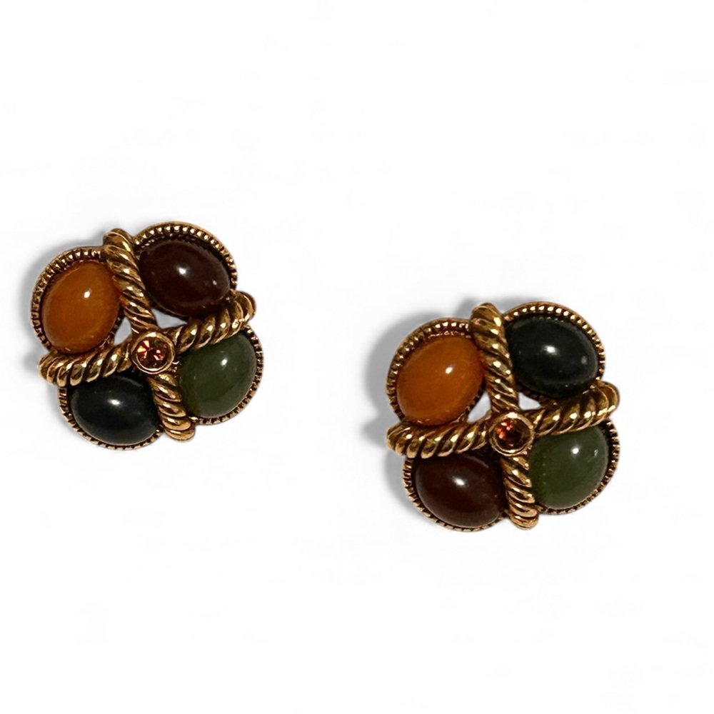💎Vintage Joan Rivers Pierced Cabochon Earrings Bezel Set Rhinestones Gold Tone